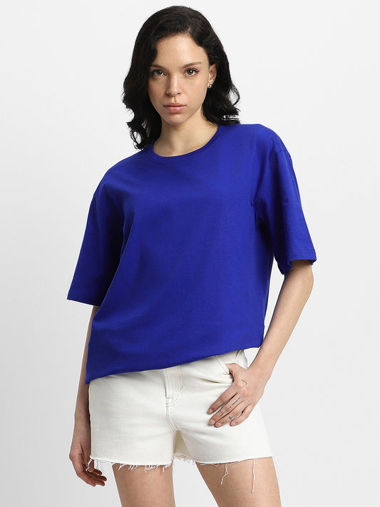 Women's Navy Blue Plain Oversized T-shirt